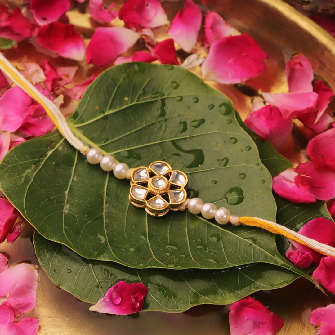Handmade Kundan Flower Rakhi With Roli Chawal