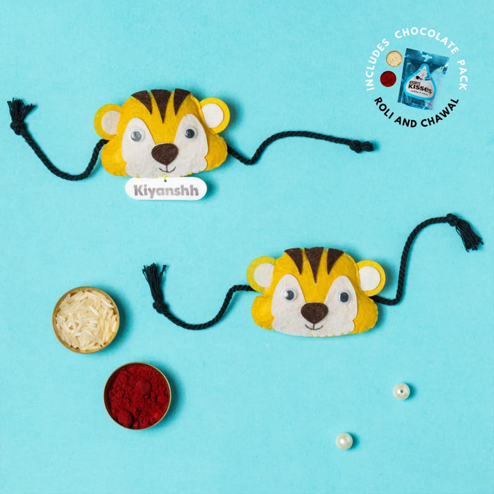 Personalized Handmade Yellow Tiger Theme Felt Kids Rakhi With Chocolates & Roli Chawal
