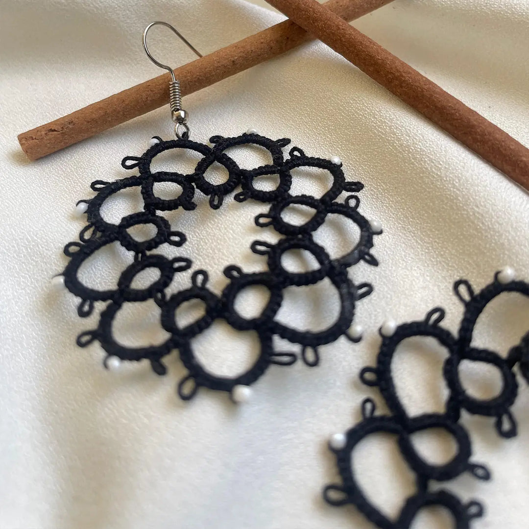 Handmade Tatting Black Atomic Inspired Cotton Lace Earrings