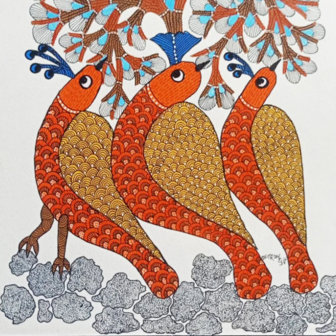 11 x 16 Inch | Birds Trio | Original Hand Painted Tribal Gond Art Painting | Acrylic Paint On Paper