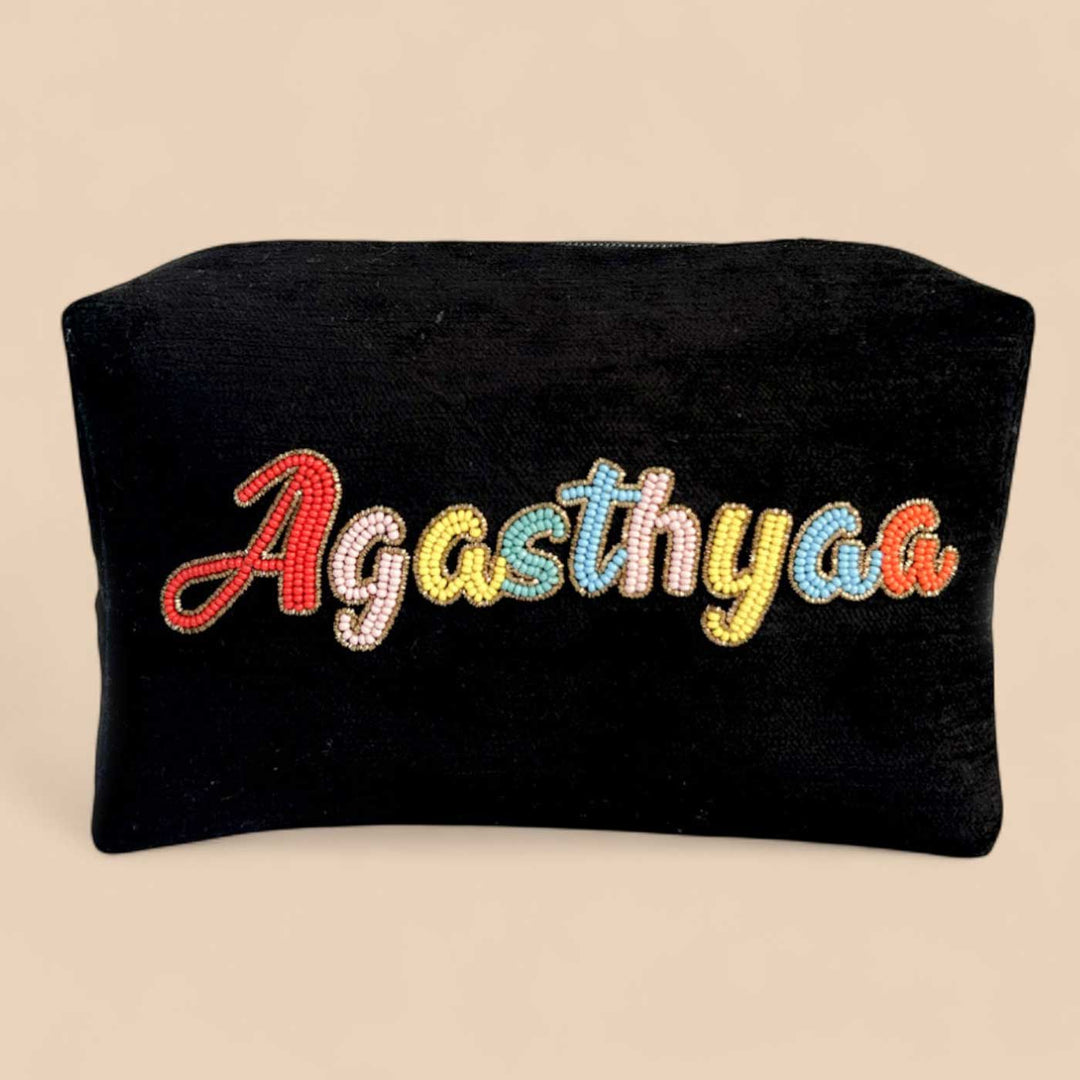Personalized Handmade Embroidered Multicolor Letters Solid Black Pouch