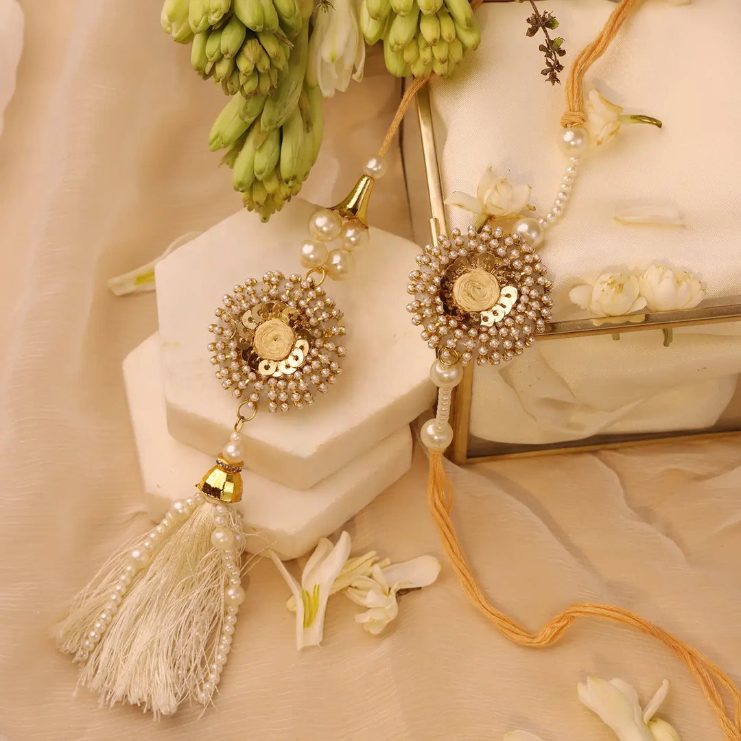Handmade Golden Cowry Shell Bhaiya Bhabhi Rakhi With Roli Chawal | Set Of 2
