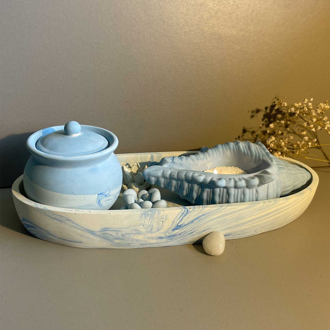 Handmade Luminous Concrete Gift Hamper | Includes 1 Ovoid Bowl Large, 1 Conch Shell Candle, 1 Urn, 2 Concrete Succulents