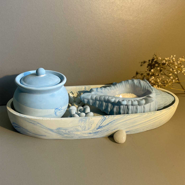 Handmade Luminous Concrete Gift Hamper | Includes 1 Ovoid Bowl Large, 1 Conch Shell Candle, 1 Urn, 2 Concrete Succulents