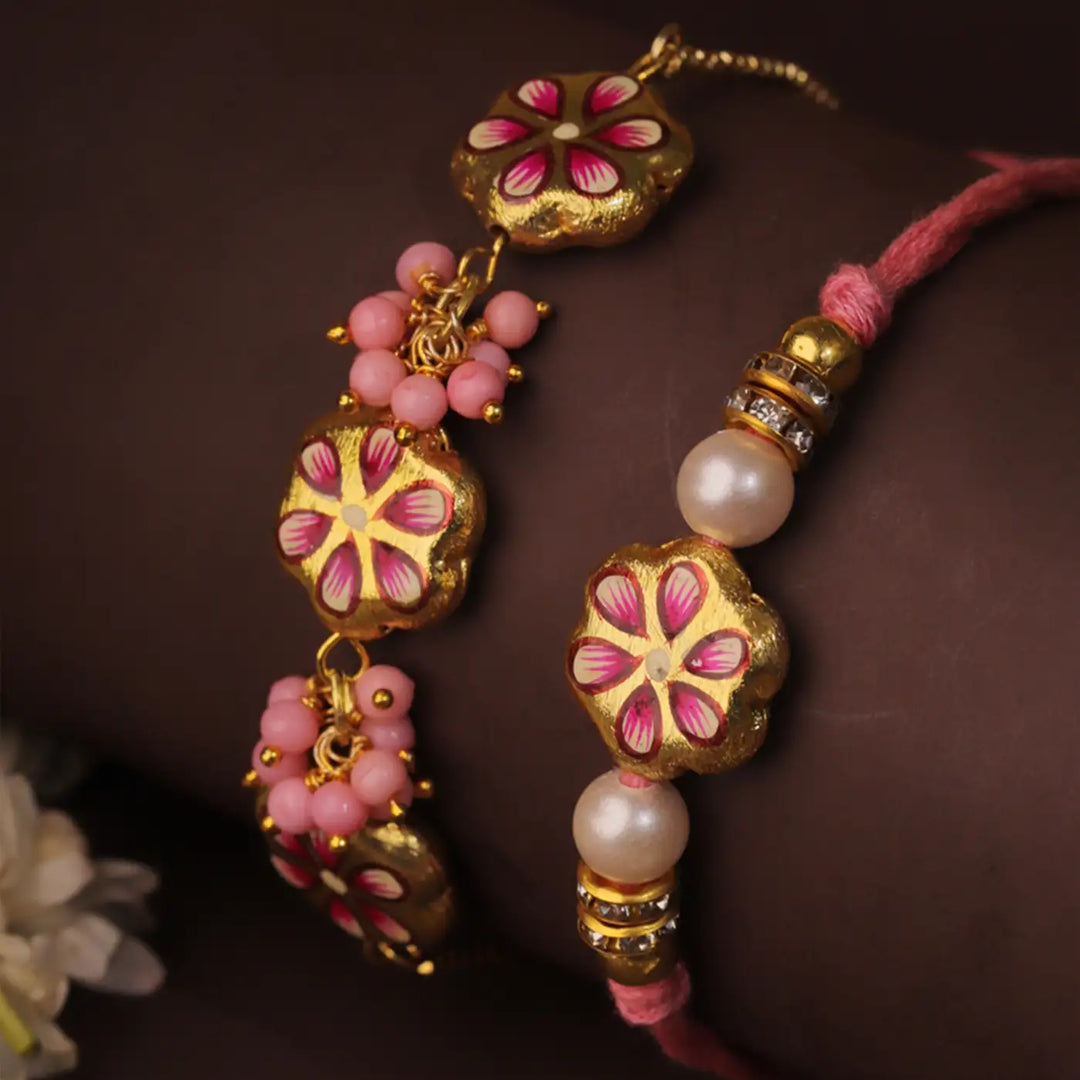 Handmade Floral Meenakari Bhaiya Bhabhi Rakhi With Roli Chawal | Set Of 2