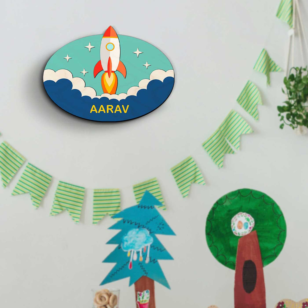 Personalised Rocket Theme 3D Oval Kids Nameplate