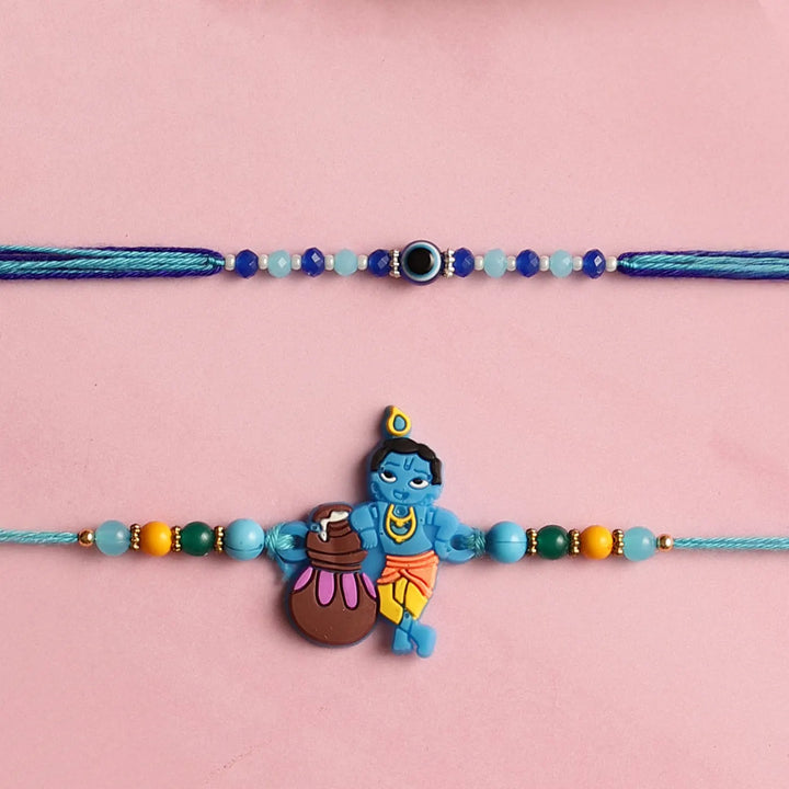 Handmade Krishna & Evil Eye Kids Rakhi With Roli Chawal | Set Of 2