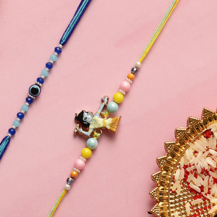 Handmade Beaded Krishna & Evil Eye Kids Rakhi With Roli Chawal | Set Of 2