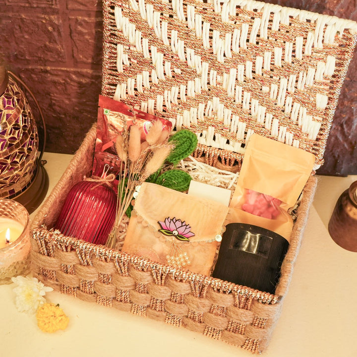 Golden Grace Diwali Gift Hamper | Includes 1 Vase, 1 Dried Flower Bunch, 1 Chocolate, 1 Candle, 2 Hangings, 1 Wax Melts Pack, 1 Match Box, 1 Diwali Card, 1 Organiser Gift Box