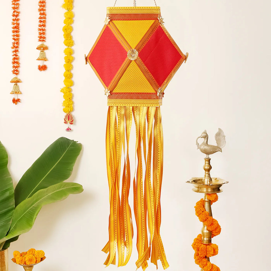 Handmade Decorative Red & Yellow Premium Khun Fabric Akash Kandil/Lantern
