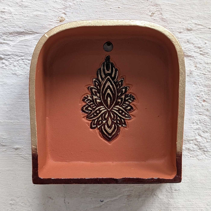Hand-Painted "Lotus Ember" Arch Terracotta Wall Decor Tealight Holder With Lotus Motif For Festive Decor