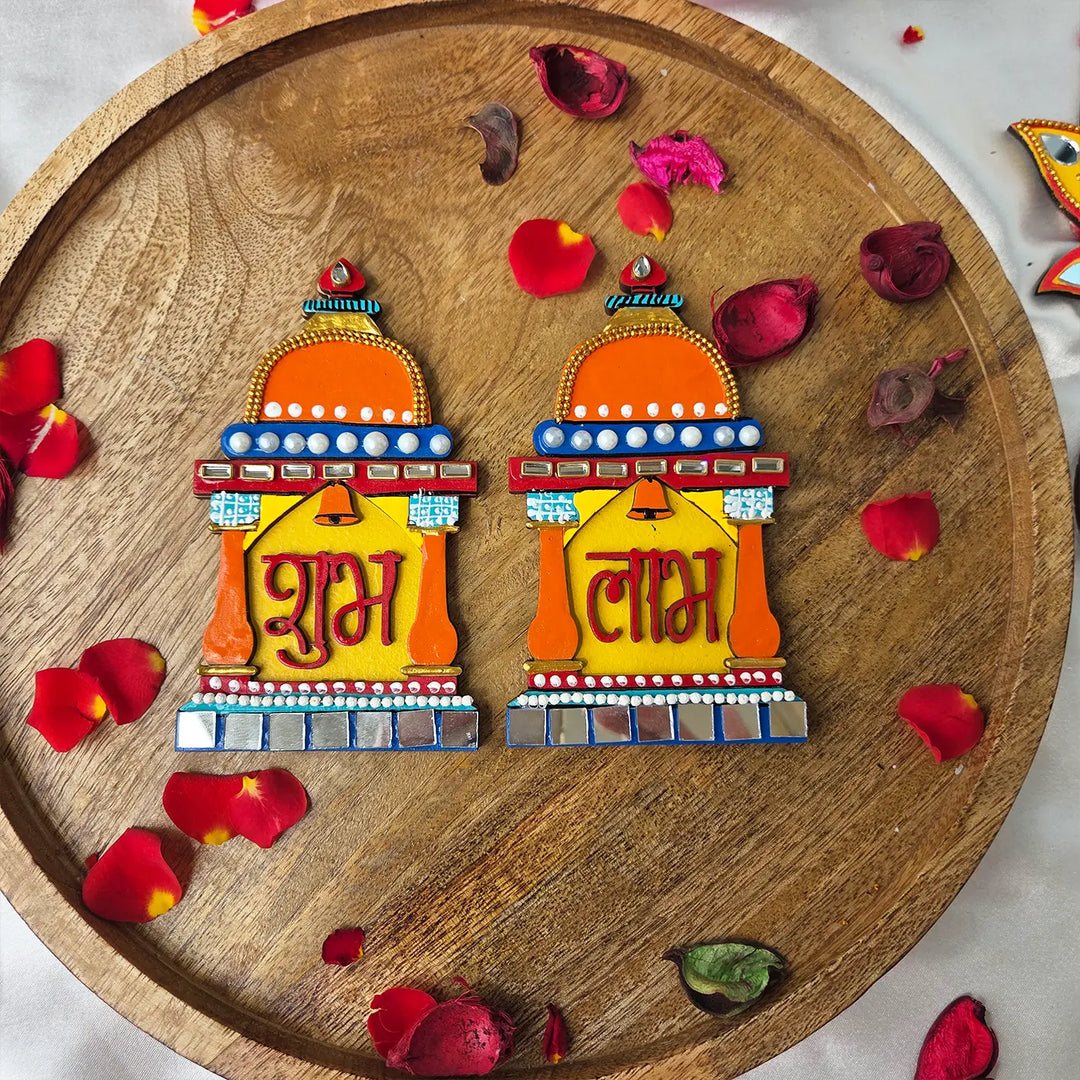 Hand-Painted Beaded Temple Theme MDF Wood Shubh Labh Hangings | Set Of 2
