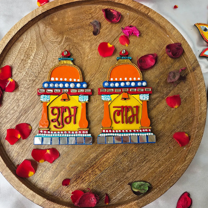 Hand-Painted Beaded Temple Theme MDF Wood Shubh Labh Hangings | Set Of 2