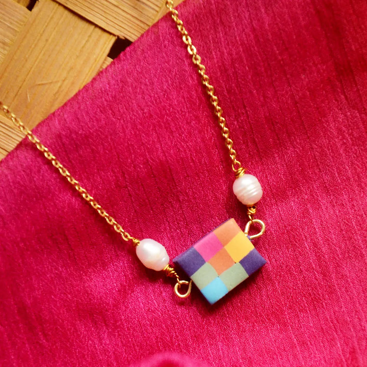 Handmade Polymer Clay Madras Fabric Check Design Pearl Pendant