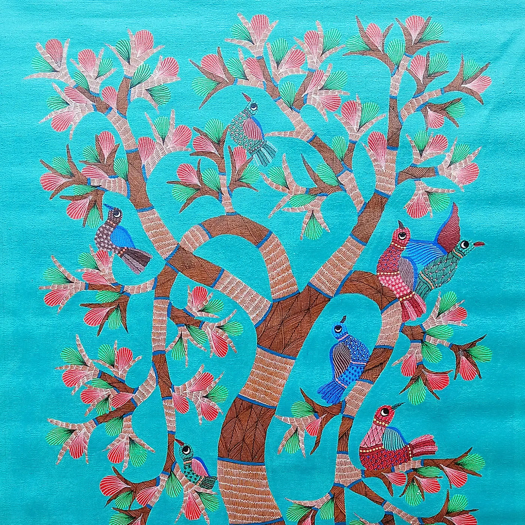 24 x 36 Inch | A Tree of Peacocks | Original Hand painted Tribal Gond Art Painting | Acrylic Paints On Canvas