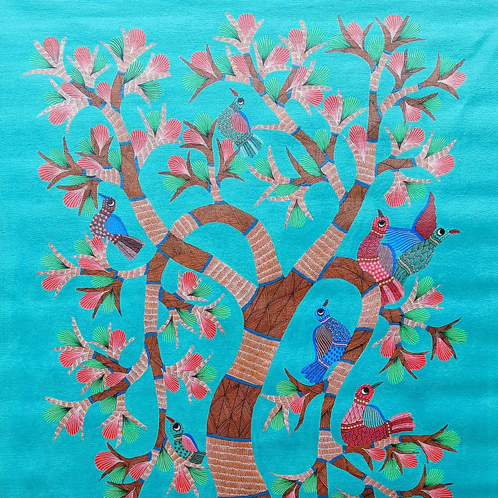 24 x 36 Inch | A Tree of Peacocks | Original Hand painted Tribal Gond Art Painting | Acrylic Paints On Canvas