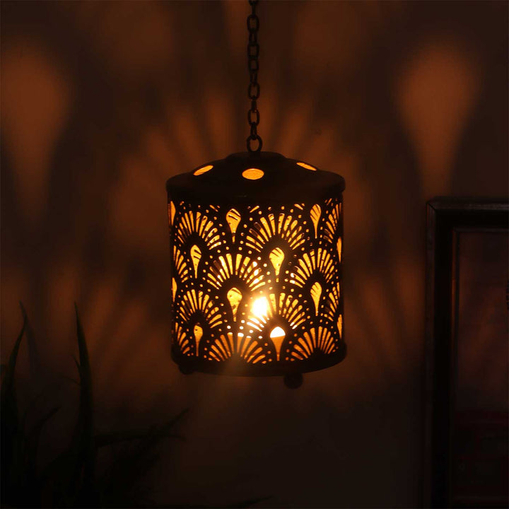 Handmade Gold Round Flower Etched Hanging Metal Tealight Holder For Festive Decor