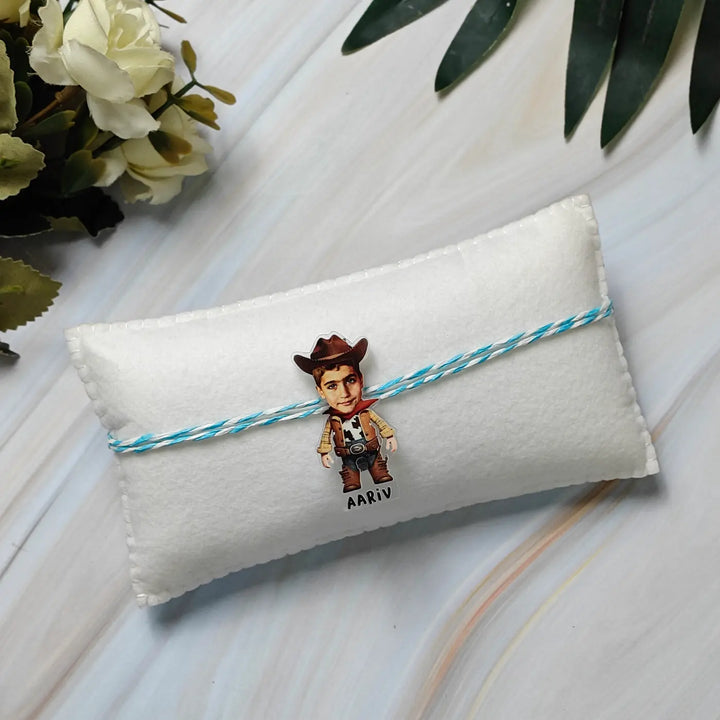 Photo Personalized Reusable Caricature Cow Boy Theme Acrylic Kids Rakhi