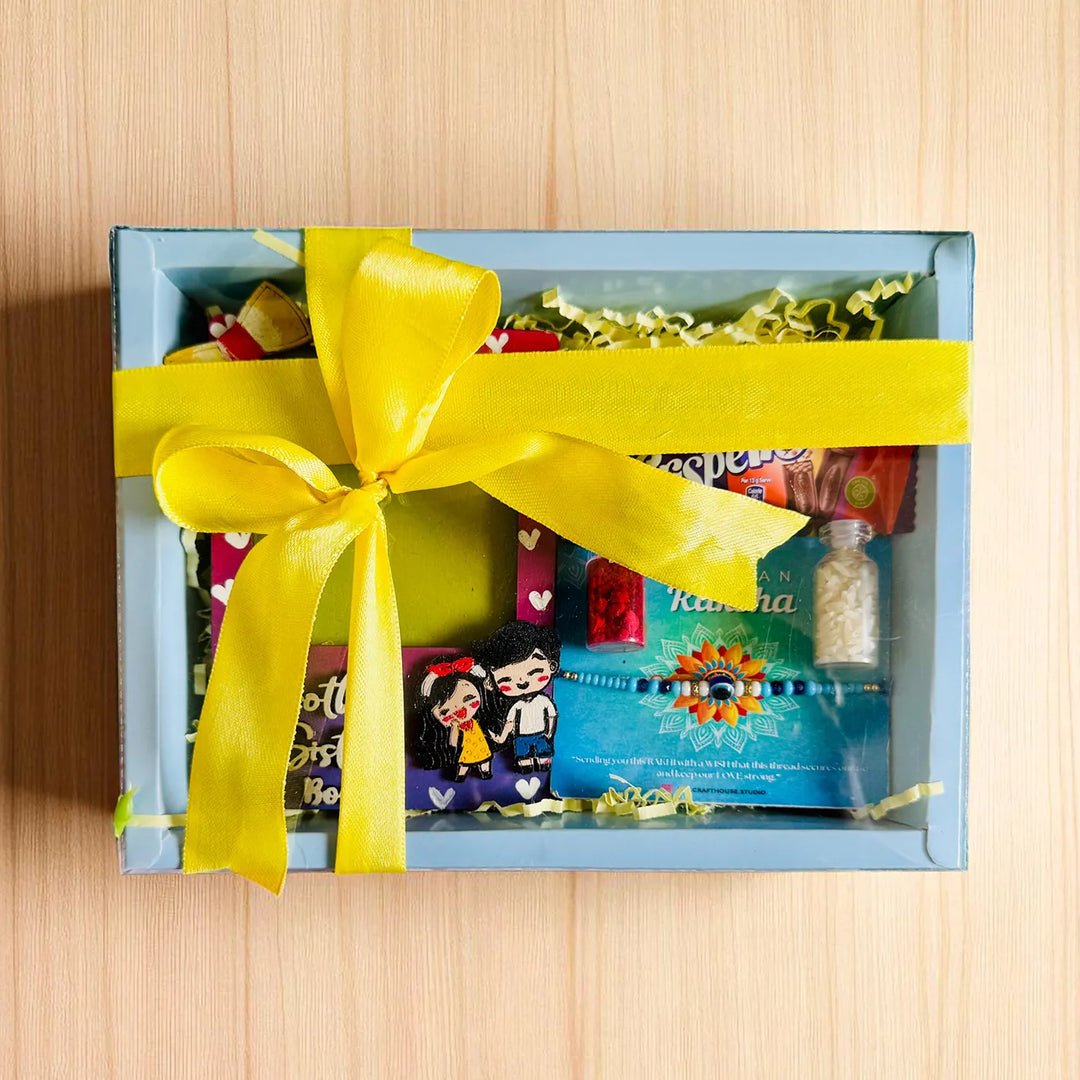Photo Personalized Brother Sister Bond Mdf Wood Rakhi Hamper With Chocolates And Roli Chawal Includes 1 Fridge Magnet 1 Rakhi - Packaged with Ribbon Bow