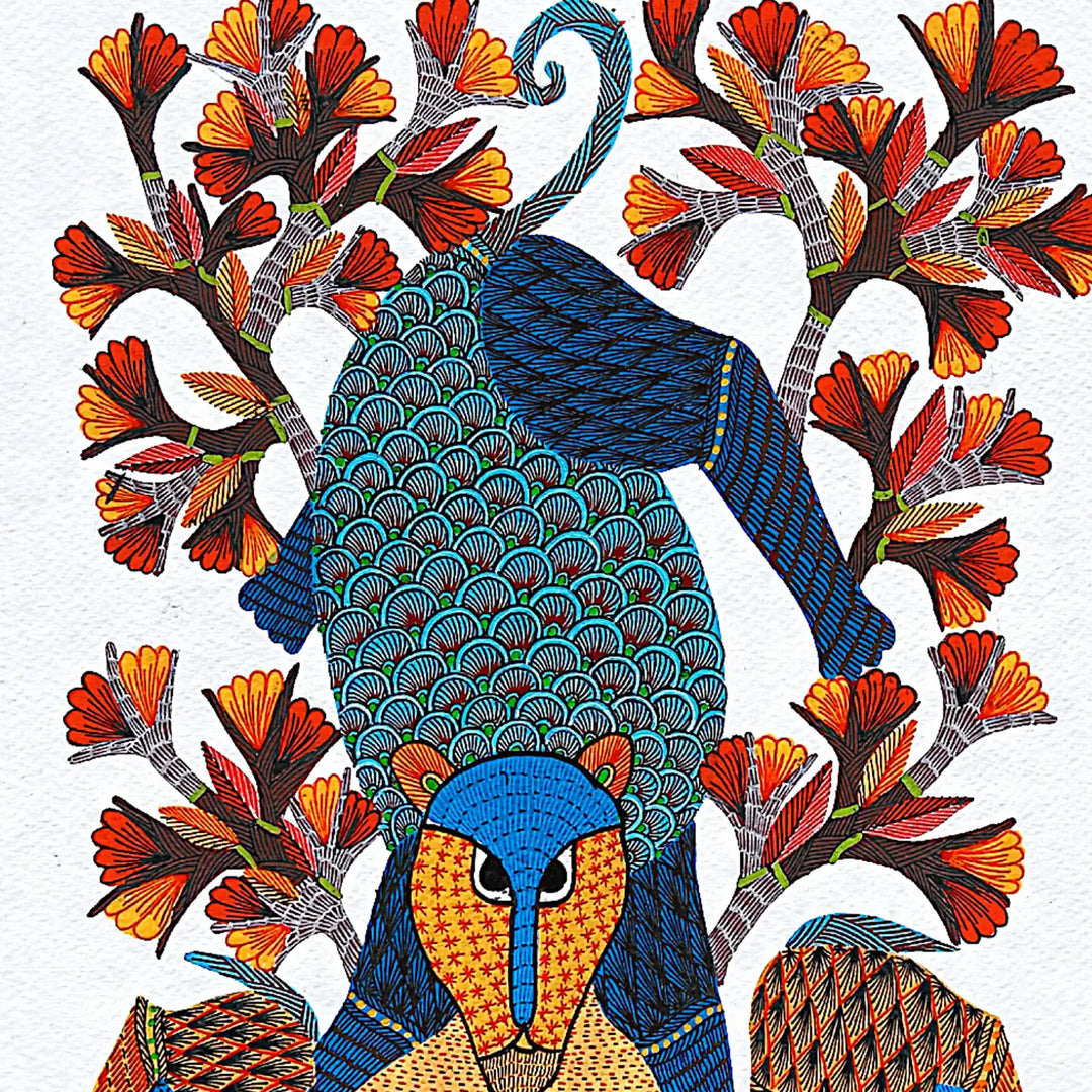 11 x15 Inch | Lion & Deer | Original Hand Painted Tribal Gond Art Painting | Acrylic Paints On Paper