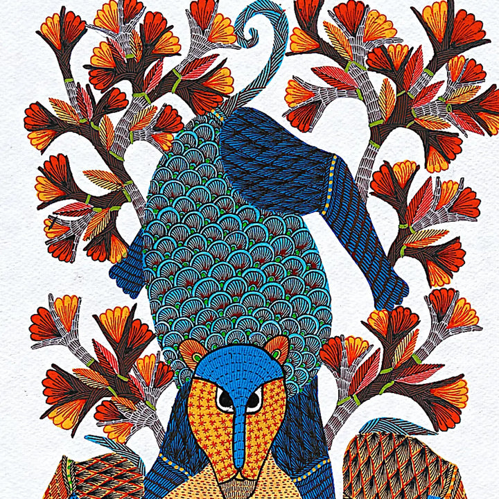 11 x15 Inch | Lion & Deer | Original Hand Painted Tribal Gond Art Painting | Acrylic Paints On Paper