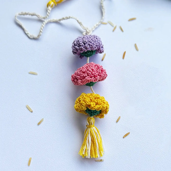 Handmade Crochet Marigold Lumba Rakhi For Bhabhi With Roli Chawal