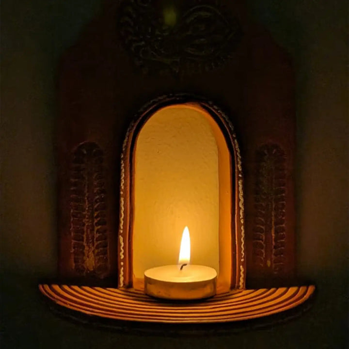Hand-Painted Peacock Motif Natural Terracotta Tealight Holder