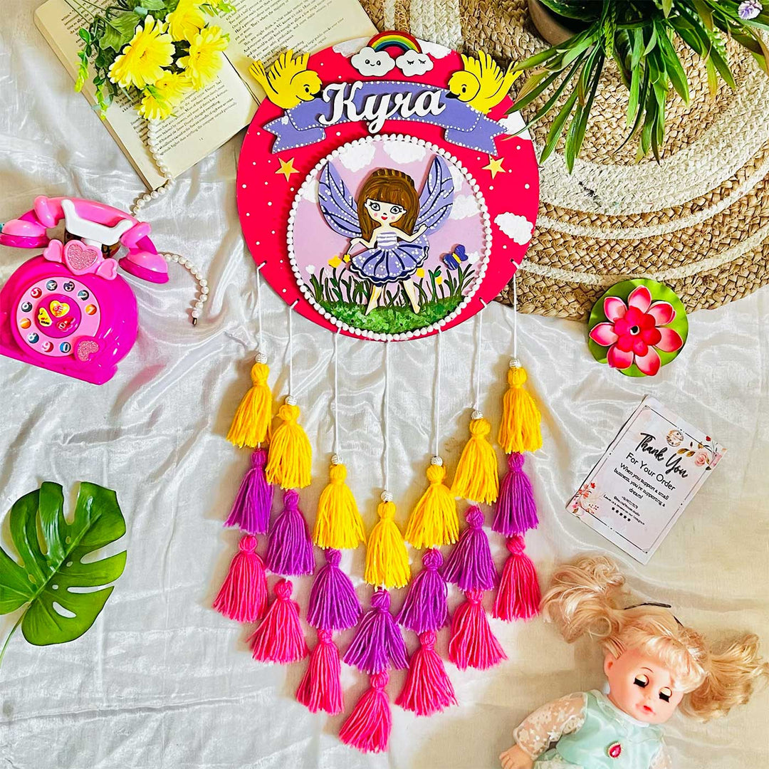 Personalized Hand Painted Fairy In A Blooming Garden Mdf Wood Kids Name Plate - Hanging Display with Personalized Name