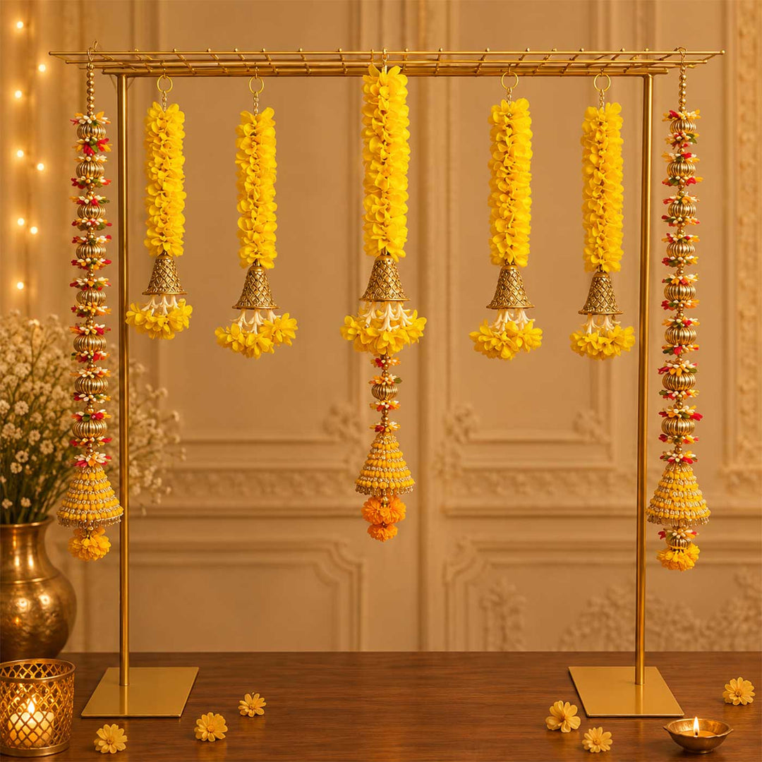 Yellow Floral Tassel Pooja Backdrop Decor Kit With Bells & Golden Latkans