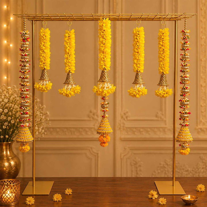 Yellow Floral Tassel Pooja Backdrop Decor Kit With Bells & Golden Latkans