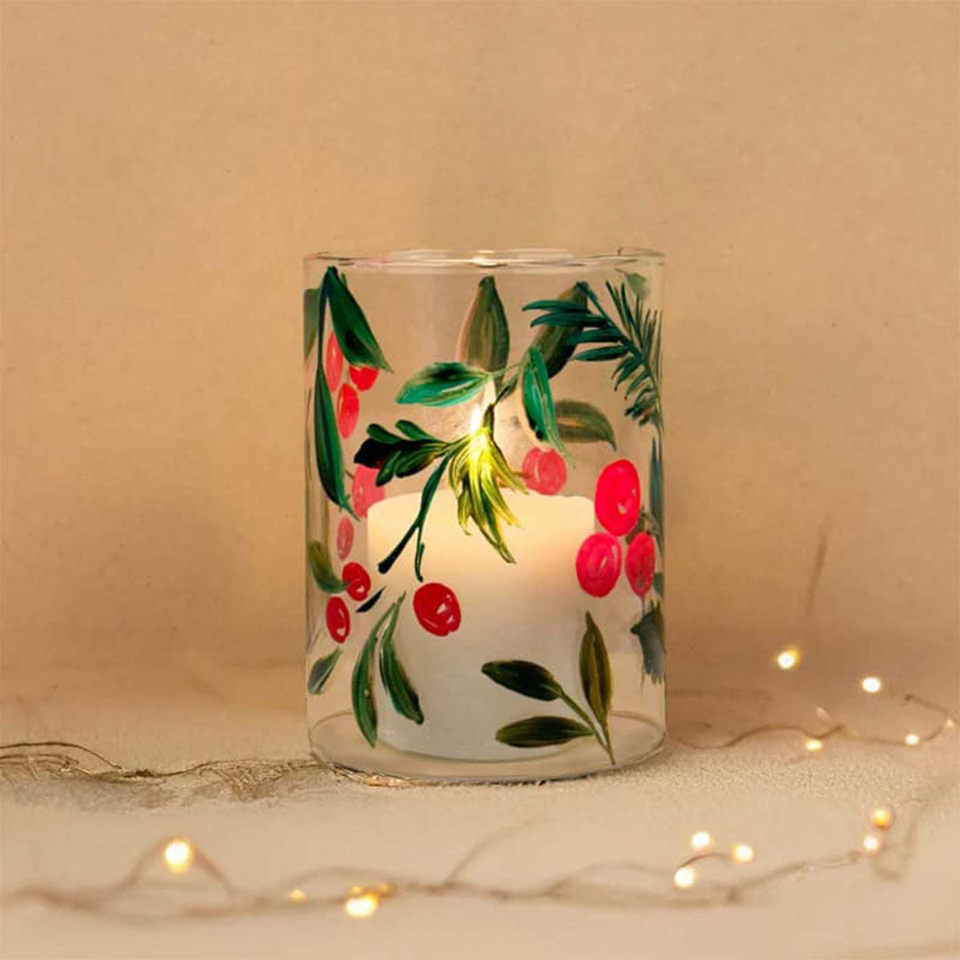 Handpainted Winterberry Glass Votive Candle Holder