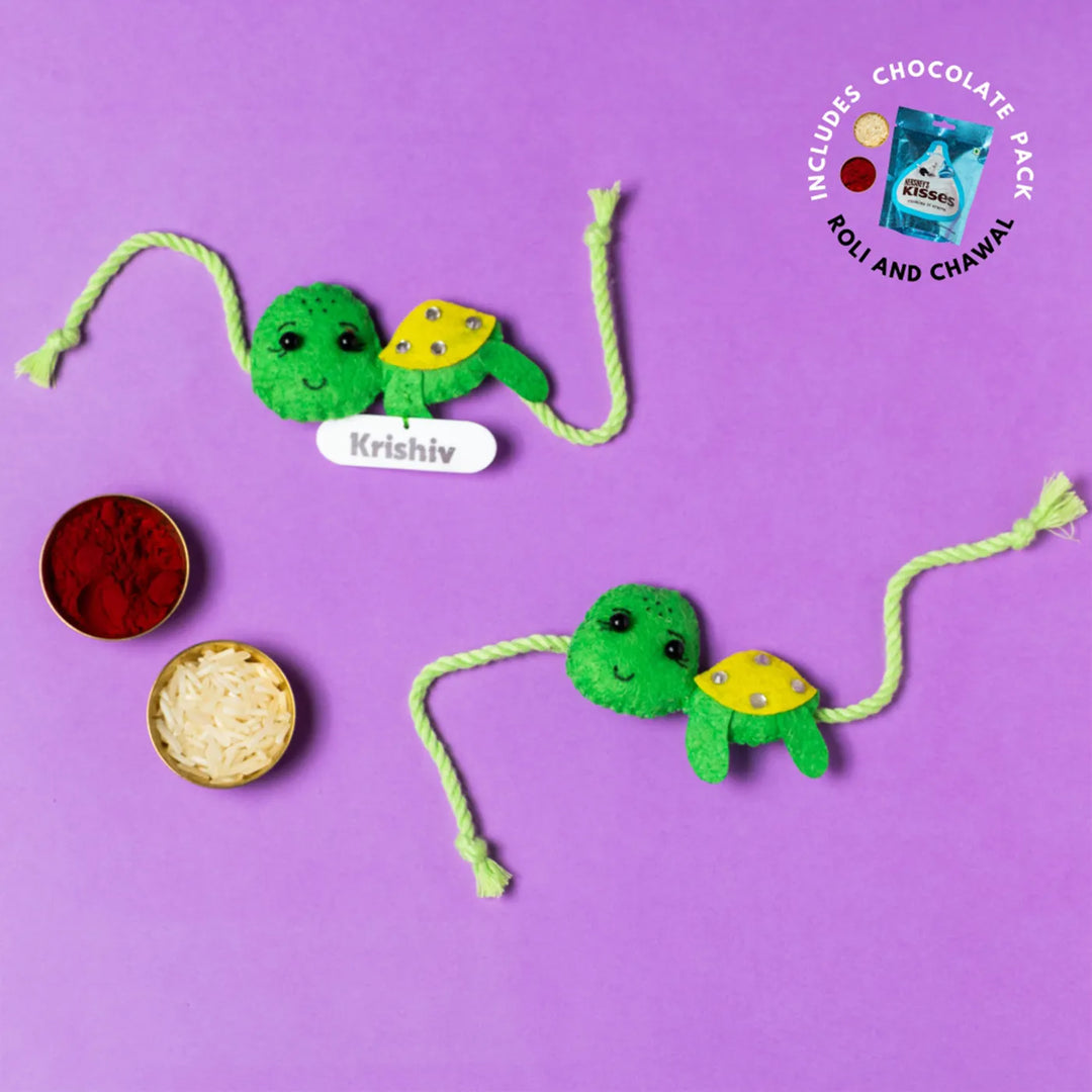 Personalized Handmade Turtle Theme Felt Kids Rakhi With Chocolates & Roli Chawal