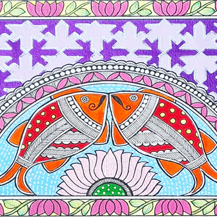 8 x 5 Inch | Duo Fish & Lotus | Original Hand Painted Madhubani Painting On Paper