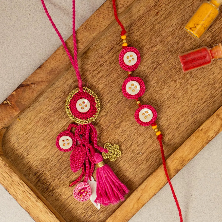 Handmade Crochet Pink Seepi Bhaiya Bhabhi Rakhi With Roli Chawal Set Of 2 - Top View of Two Rakhi