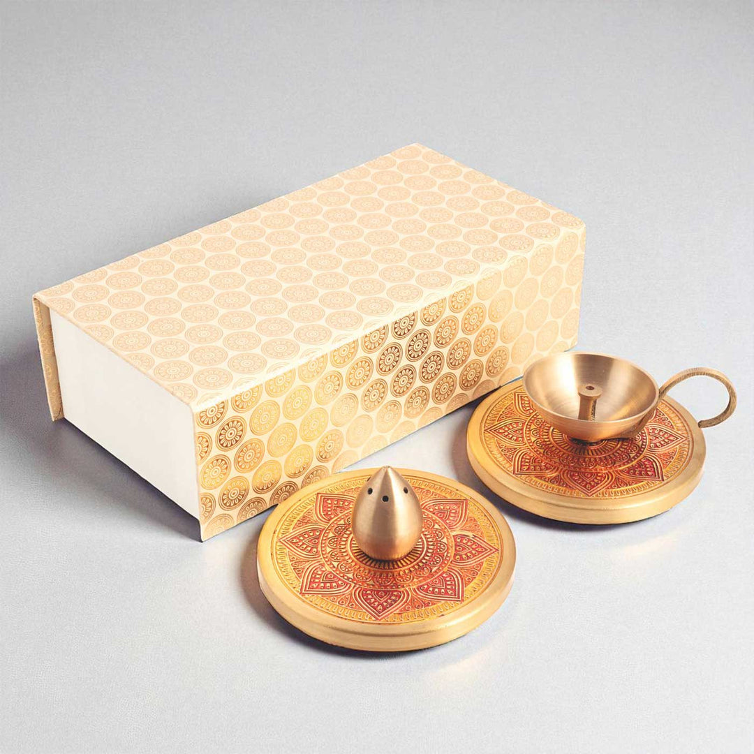Hand-Painted Puri Brass Gift Hamper | Includes 1 Diya, 1 Incense Holder And 1 Gift Box