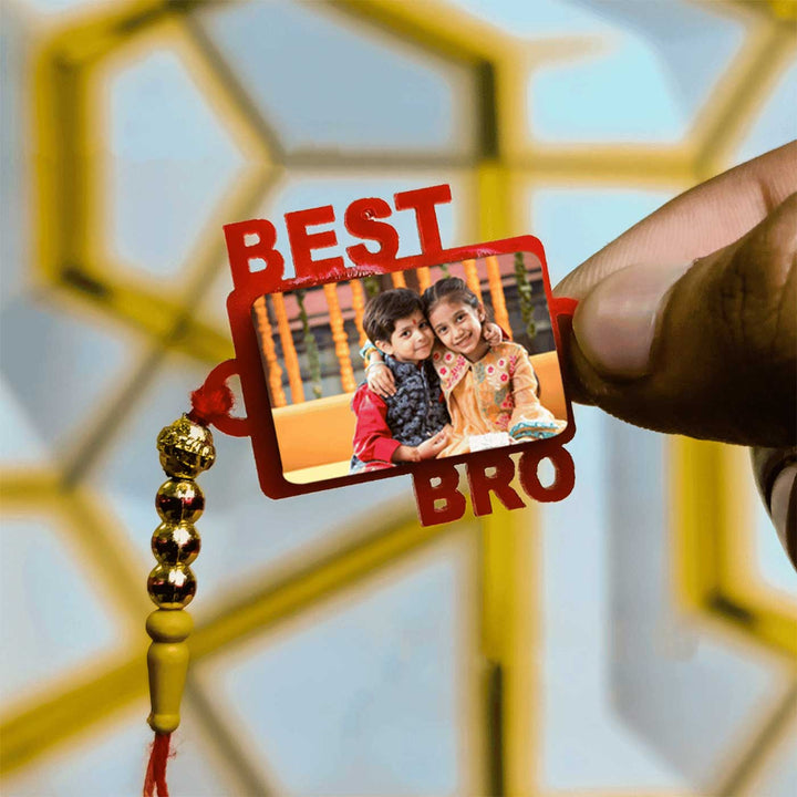 Photo Personalized Handmade Best Bro Rudraksh Rakhi For Brother - Held in Hand Close-up