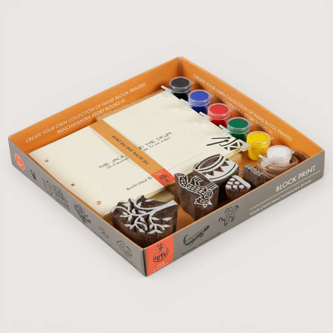 The Jackal and The Drum Panchatantra Block Printing DIY Kit | 5 Stamps, Poster Colours, Painting Brush, Printing Pads, Story Cards  And Jute String