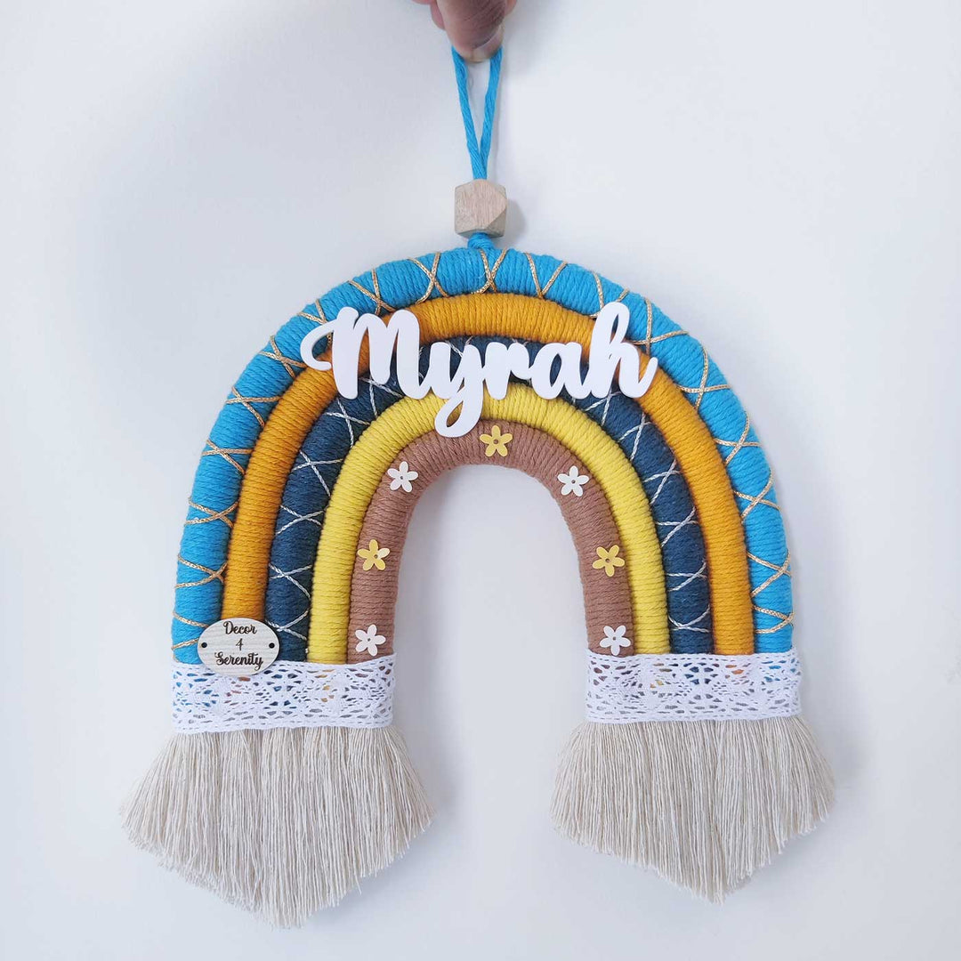 Personalized Handmade Macrame Blue & Yellow Rainbow Kids Name Plate With 3D Letters