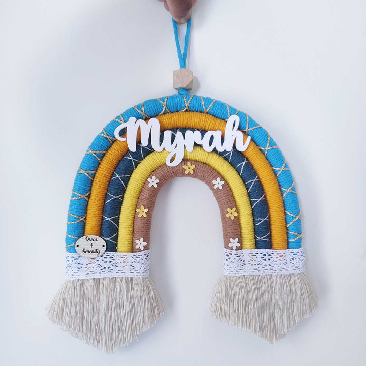 Personalized Handmade Macrame Blue & Yellow Rainbow Kids Name Plate With 3D Letters
