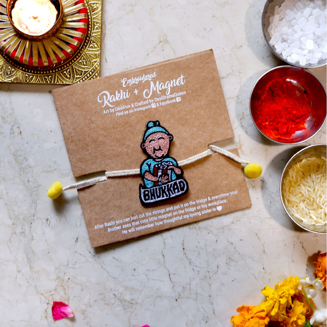 Handmade Bhukkad Pom Pom Felt Rakhi For Brother - Product with Packaging