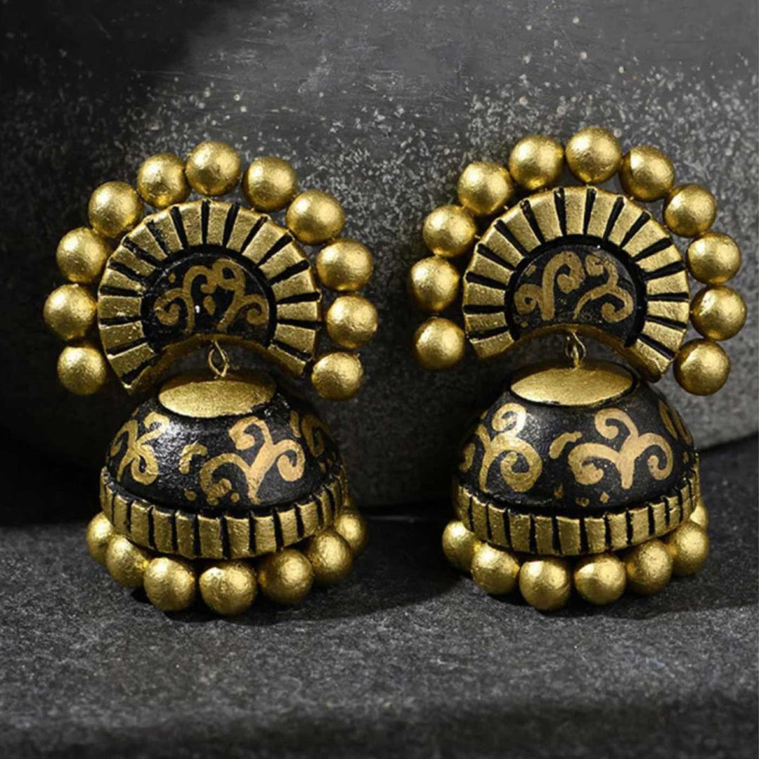 Handmade Beaded Black & Golden Terracotta Earrings