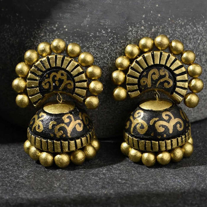 Handmade Beaded Black & Golden Terracotta Earrings