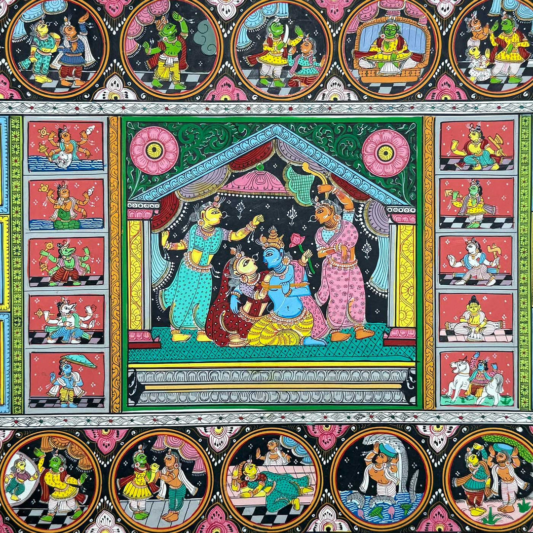 36 X 24 Inch | Handmade Canvas Krishna Rasleela With Dashavataar Painting