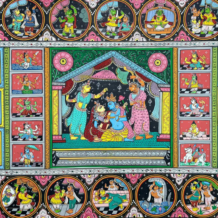 36 X 24 Inch | Handmade Canvas Krishna Rasleela With Dashavataar Painting