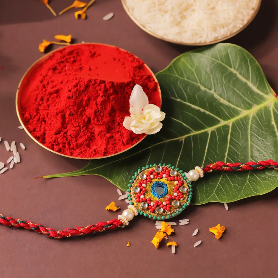 Handmade Embroidered & Beaded Ethnic Rakhi With Roli Chawal