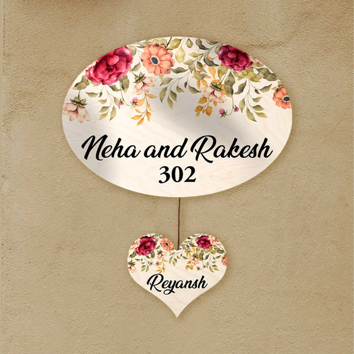 Printed Red & Orange Floral Wooden Oval Nameplate For Family