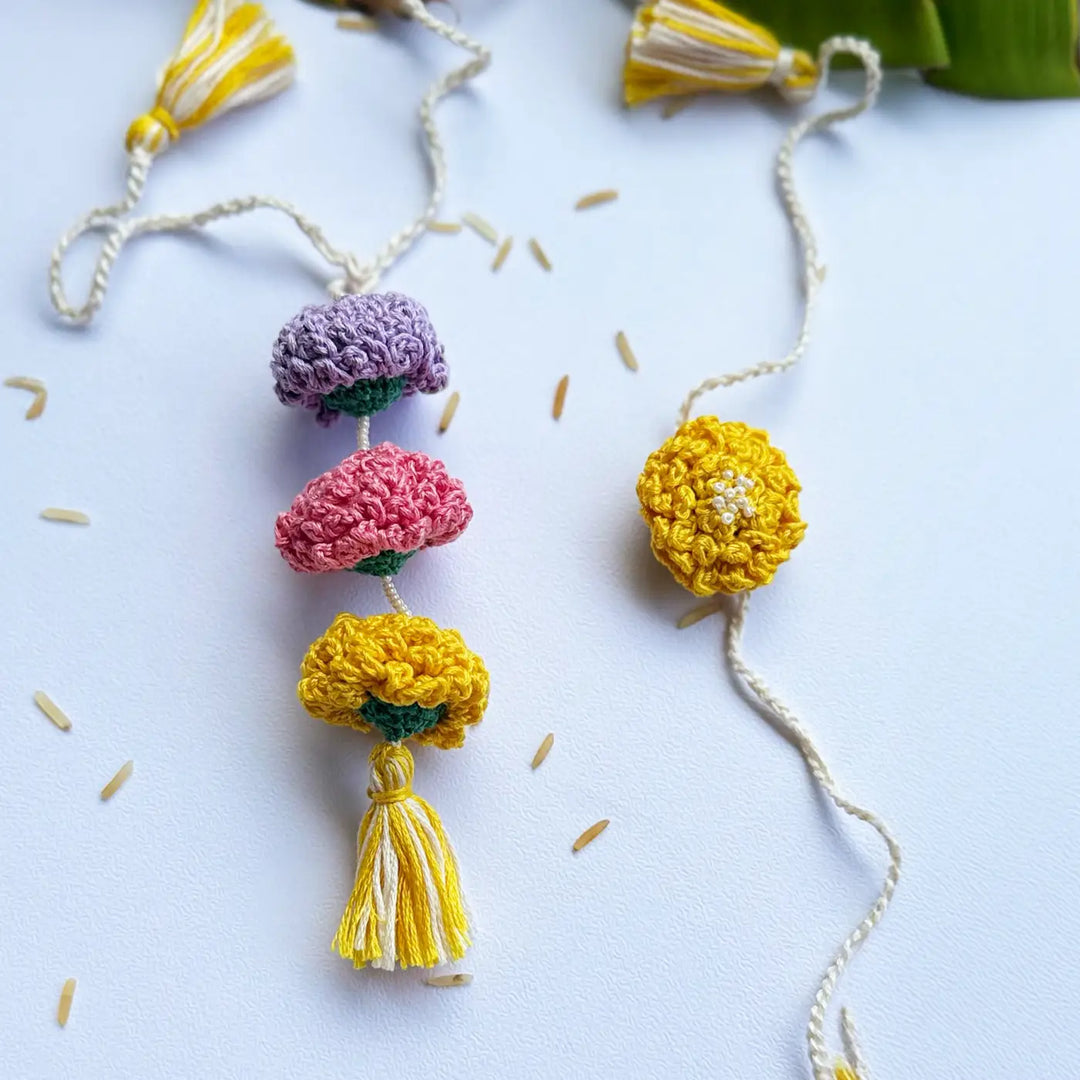 Handmade Crochet Marigold Bhaiya Bhabhi Rakhi With Roli Chawal | Set Of 2