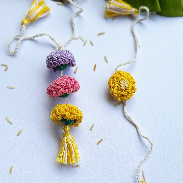 Handmade Crochet Marigold Bhaiya Bhabhi Rakhi With Roli Chawal | Set Of 2