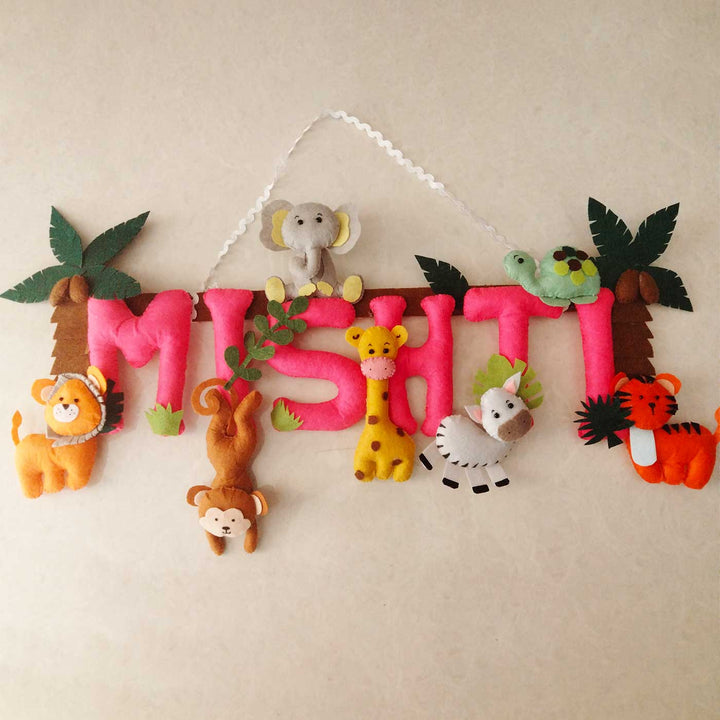 Personalized Pink Jungle Theme Felt Kids Name Plate