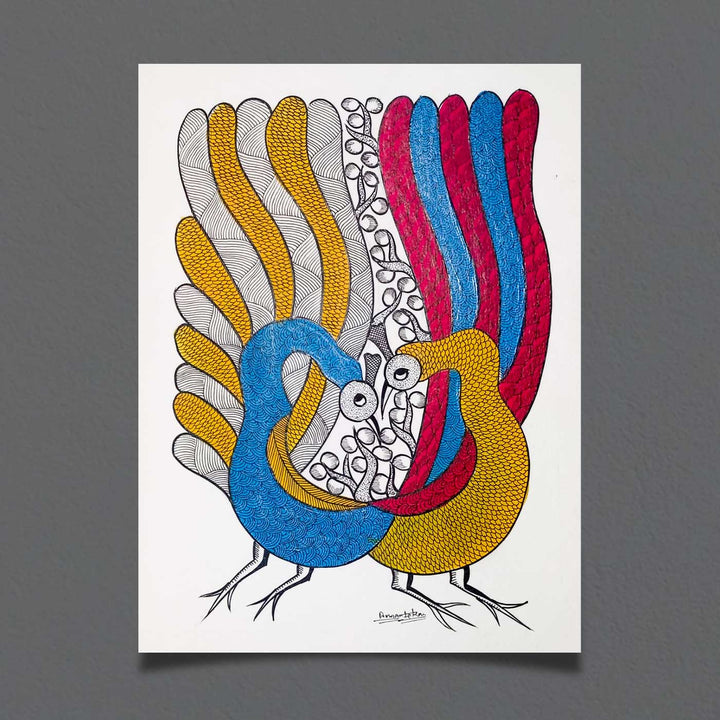 11 x 15 Inch | The Dance Of Togetherness | Original Hand Painted Tribal Gond Art Painting | Acrylic Paints On Paper